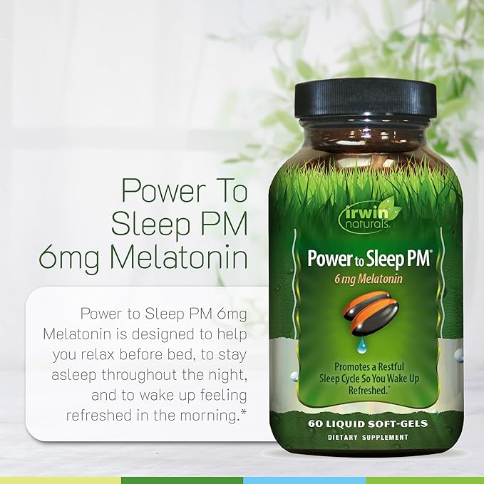 Irwin Naturals Power to Sleep PM - 6mg Melatonin GABA Ashwagandha Valerian Root &amp L-Theanine Supplements for Men and Women - Supports Restful Sleep Cycle &amp Relaxation - 60 Liquid Soft-Gels