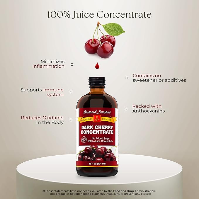 Bernard Jensen's Black Cherry Juice Concentrate - Natural Cherry Concentrate Without Additives and Sweeteners - Sweet Cherry Juice Topping for Ice Cream Pastries and Other Desserts 16 fl. oz bottle