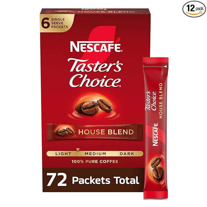 NESCAFÉ Taster's Choice Instant Coffee Packets Light Medium Roast Coffee House Blend 12 Boxes (72 Packets)