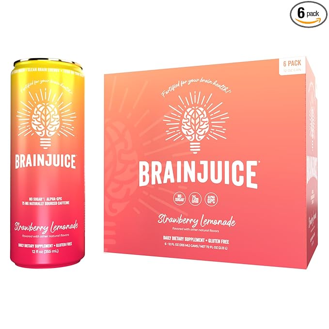 Brainjuice Brain Health Support Drink for Energy &amp Focus Vitamin C B5 B6 &amp B12 L Theanine Alpha GPC &amp Natural Caffeine From Green Tea Vegan Gluten Free Strawberry Lemonade 12 Oz C