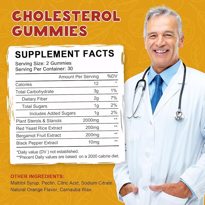 (2 Pack) Cholesterol Supplements Gummies for Cholesterol Healthy Plant Sterols &amp Stanols Red Yeast Rice Citrus Bergamot Complex for Cholesterol Maintain Healthy Cholesterol Levels - 60 Day Sup