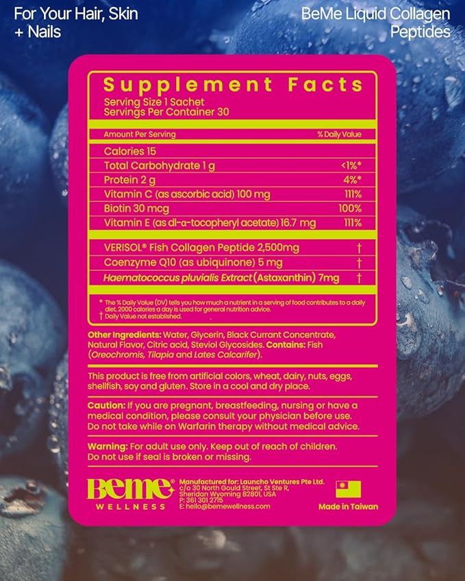 BeMe Liquid Collagen for Women - 2500mg Verisol hydrolyzed Marine Liquid Collagen - Clinically Tested Collagen Supplements - Quick Absorption high bioavailability - Supports Skin Hair &amp Nails
