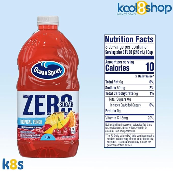 Ocean Spray Zero Sugar Tropical Punch Fruit Juice Drink 64 fl oz 4 Pack + 15 Sugarcane Disposable Straws by KOOL8SHOP Infinite Deals