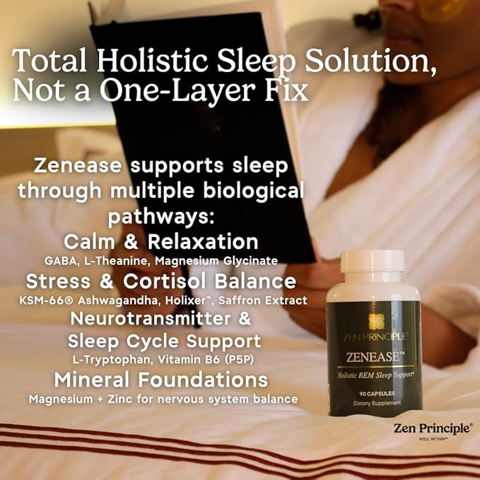 Zen Principle Zenease Sleep Support with Magnesium Glycinate Ashwagandha KSM-66® Saffron L-Theanine &amp GABA – No Melatonin Natural Stress Relief &amp Sleep Aid. 90 Capsules