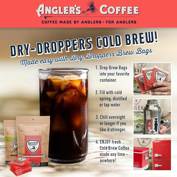 Angler’s Coffee Dry Dropper Dark Roasted Single Serve Coffee in a Pouch - Carefully Roasted Freshly Ground &amp Nitrogen Flushed Quality Colombian Coffee - Just add Water - 10 ct
