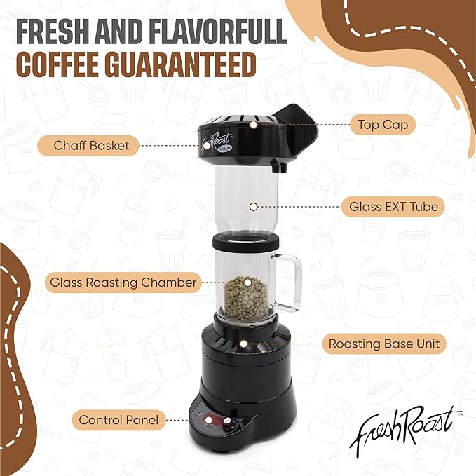 Fresh Roast Coffee Roaster Bundle SR800 Glass Extension Tube Burr Grinder (2 Lbs) Sample Pack of Green Beans (2- pack) Sample trays