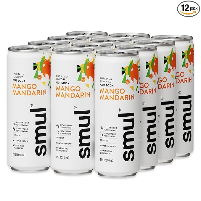 smul – Healthy Gut Soda – Mango Mandarin – Real Fruit Juice – Sparkling Healthy Drink – Only 7g Sugar &amp 30 Calories – No Artificial Sweeteners – Gluten-Free – 12 fl oz – 12 Pack
