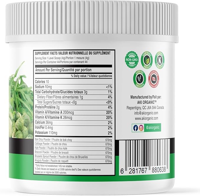 AKI Cruciferous Superfood Green Mix Powder - Made from Kale Broccoli Brussels Sprouts Cabbage - Packed with Essential Phytonutrients &amp Vitamins ((5.3oz/150g))