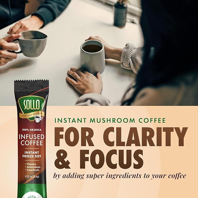 Sollo Infused Instant Chaga Mushroom Coffee Sticks (24 Servings) Memory &amp Clarity Support 100% Chaga Medium-Dark Roast Arabica Freeze Dried Coffee in Single Serve Sticks.