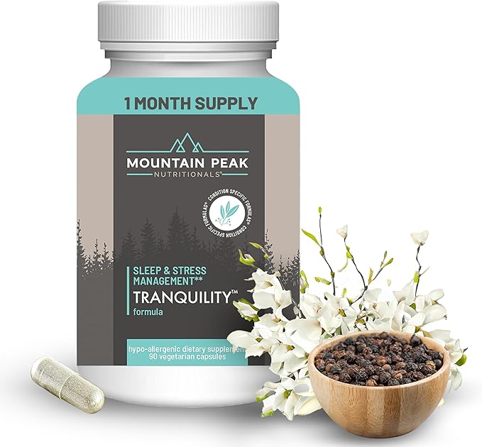 Mountain Peak Nutritionals Tranquility Formula - Supports Brain Health Sleep &amp Stress Management - Vitamin B6 Vitamin B12 and Adaptogens - Hypoallergenic Dietary Supplement (90 Vegetarian Capsul