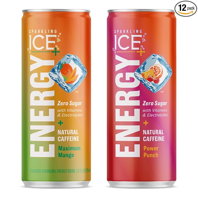 Sparkling Ice +ENERGY Maximum Mango Sparkling Water 12 fl oz Cans (Pack of 12) &amp Sparkling Ice +ENERGY Power Punch Sparkling Water with Vitamins &amp Electrolytes Zero Sugar 12 fl oz Cans (Pack