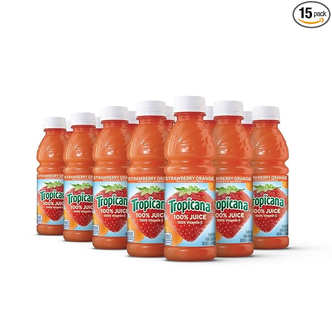 Tropicana 100% Strawberry Orange Juice Single Serve 10 Fl Oz Bottles (Pack of 15) - Real Fruit Juice Vitamin C B &amp E Rich No Added Sugars No Artificial Flavors