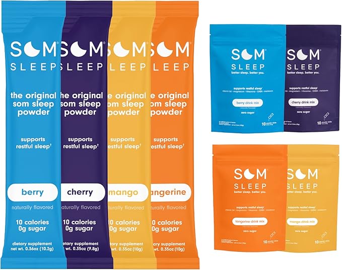 Som Sleep Sleep Aid Powder Stick Packs – Variety Pack Bundle 40 Count – Berry Cherry Mango &amp Tangerine – 0 Sugar 10 Calories – Sleep Support Drink Mix Supplement