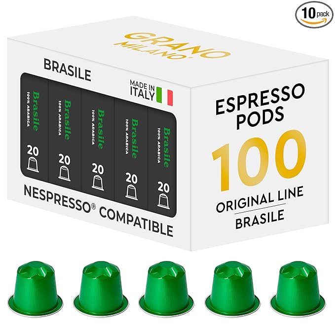 Grano Milano Brasile Coffee Capsules - 100 Aluminum Coffee Pods Compatible with Nespresso Original line100% Arabica Medium Roast - Intensity 7/12 Made in Italy