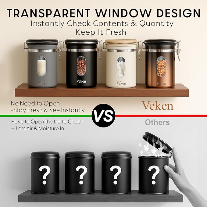 Veken Coffee Canister with WindowAirtight Stainless Steel Kitchen Food Storage Container Date Tracker &amp Scoop for Grounds Coffee Beans TeaFlourCerealSugar22OZCopper