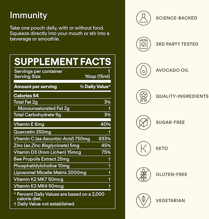 Immunity - 6-in-1 Liposomal Vitamin C Packets Zinc D3 + K2 Quercetin Bee Propolis &amp Avocado Oil - Antioxidant Liquid Supplement for Immunity Skin &amp Bone* - 30 Pouches