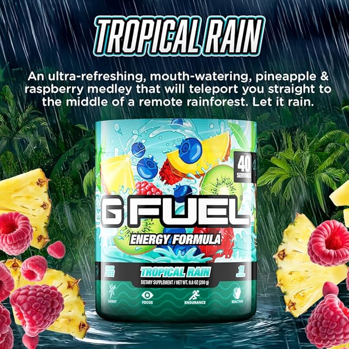 Gamma Labs G Fuel Tropical Rain Energy Drink Powder Pre Workout Caffeine Mix for Gaming Sugar Free Focus Amino Vitamin + Antioxidants 9.8oz Fruit Medley 40 Servings