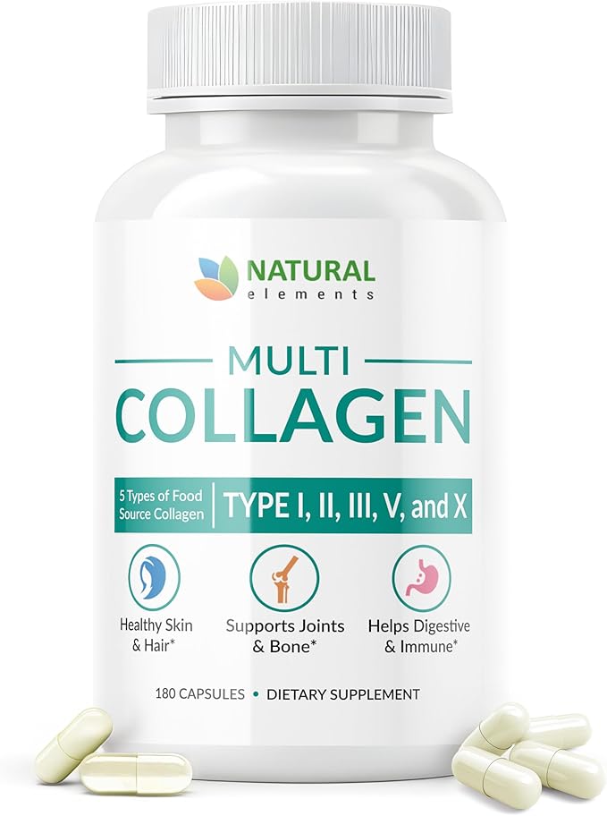 Multi Collagen 180 Protein Capsules - Type I II III V X Collagen Pills - Proprietary Blend of Eggshell Chicken Wild Fish &amp Grass-Fed Beef Collagen Peptides - 2025mg per serv