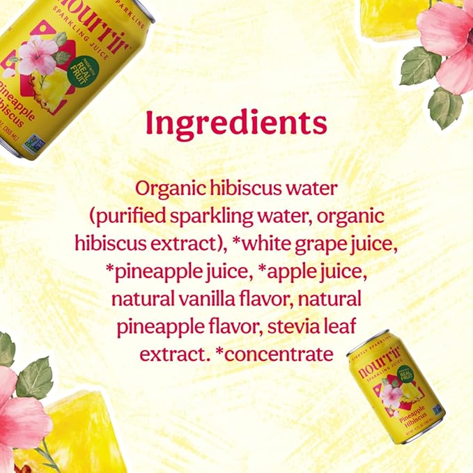 Nourrir Sparkling Pineapple Hibiscus Juice Real Fruit Tropical &amp Floral Fusion Non-GMO Gluten-Free Non-Alcoholic 90 cals 0g Added Sugar 12 cans (12-Pack)