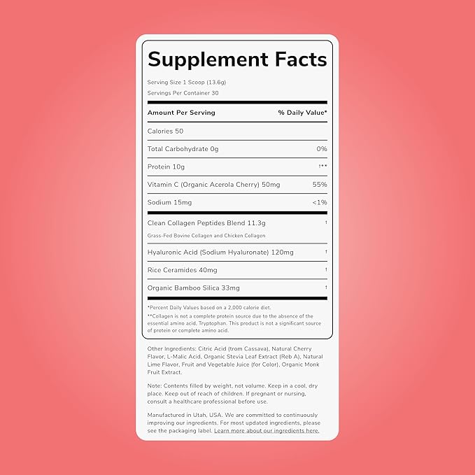 Clean Simple Eats Collagen Powder + Beauty Blend Cherry Ice Flavor Hydrolyzed Collagen Peptides from Grass Fed Bovine &amp Chicken Hyaluronic Acid for Hair Skin Nail &amp Joint Support 30 Serv