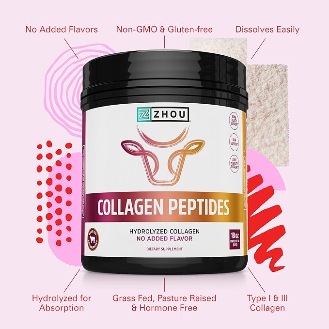 Zhou Collagen Peptides - Pure Hydrolized Collagen Powder for Women &amp Men Grass Fed Natural Bovine Collagen for Skin Hair Growth Joints &amp Bones - 18 oz Jar (46 Servings)