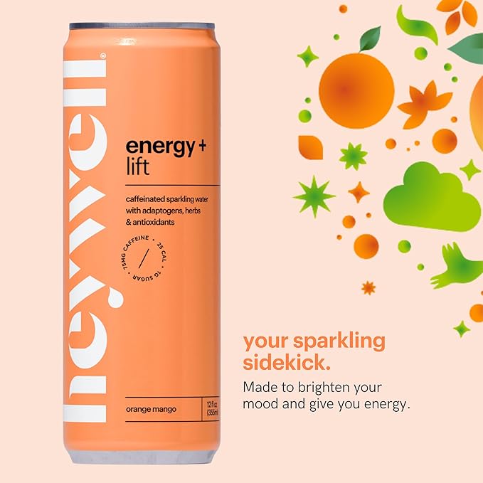 Heywell Sparkling Adaptogenic Water Energy and Uplift Orange Mango Flavor 12 Fluid Ounce (Pack of 12) - Non Caffeinated Organic Non GMO Vegan Gluten Free Dairy Free