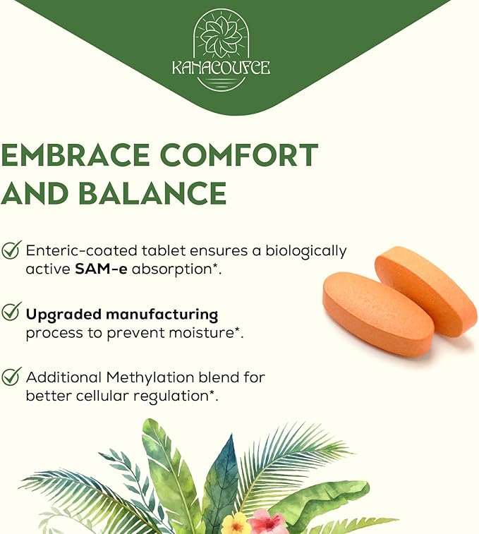 1100mg SAM-e (S-Adenosyl-L-Methionine) SAM e Supplement for Mood Joint &amp Liver Highest Concentration of Active SS Form Same Vegan 60 Tablets