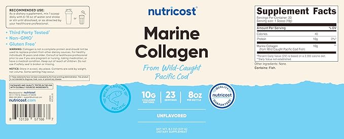 Nutricost Marine Collagen Powder Wild Caught Fish (8 oz) - 23 Servings 10 G Protein Per Serving Alaskan Wild-Caught