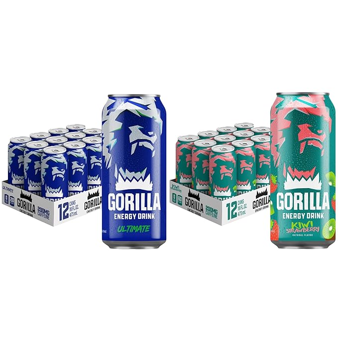 Gorilla Energy Drink Kiwi Strawberry &amp Ultimate 200mg Natural Caffeine Real Fruit Juice Squeezed &amp Concentrated No Added Sugar and No Artificial Colors 24 Cans