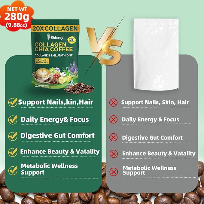 20x Collagen Chia Coffee - 11-in-1 Coffee Shape Mix with Collagen &amp Chia Seeds L-Glutathione for Skin Hair - Boost Energy and Improve Focus Vegan Friendly 45 Servings