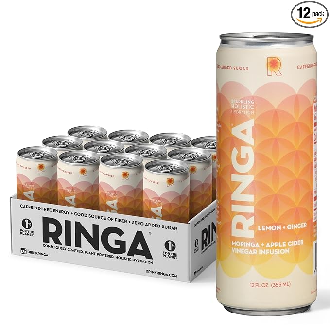 Ringa Sparkling Lemon Ginger Hydration 12 FZ Sparkling Drink – Organic Moringa + Apple Cider Vinegar with 3g Prebiotic Fiber – No Added Sugar Gut Health &amp Daily Hydration – 12oz Cans (LEMON GING