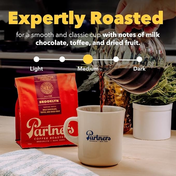 PARTNERS COFFEE ROASTERS - Whole Bean Coffee (Brooklyn - Medium Roast) 12oz (2 Pack) - Versatile &amp Delicious Daily Brew - Whole Coffee Beans - Lab Tested for Mycotoxins &amp Heavy Metals - Hand R