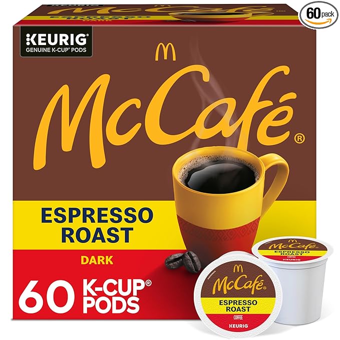 McCafe Espresso Roast Coffee Keurig Single-Serve K-Cup Pods 60 Count (6 Packs of 10) Dark Roast Made with Arabica Beans Bold Flavor with Bittersweet Chocolate &amp Toasted Nut Notes