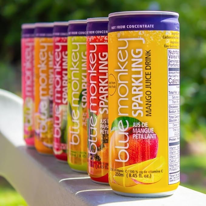 Blue Monkey Sparkling Mango Juice - Real Fruit Juice No Sugar Added All Natural Lightly Carbonated Halal Certified - Refreshing Tropical Sparkling Water Alternative - 11.2oz (330ml) 12 Pack
