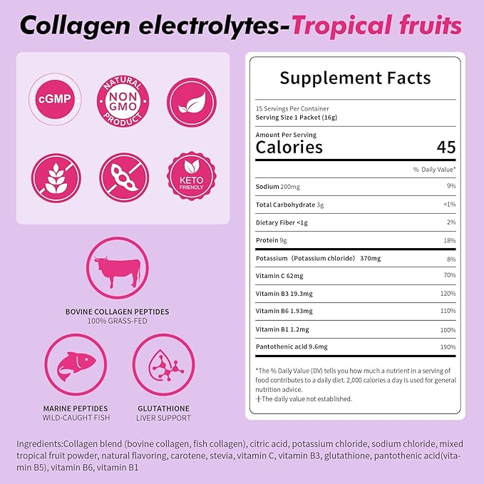 Electrolyte Collagen Powder Packets 10g Collagen Protein Drink Mix for Hydration Recovery Zero Sugar 2-in-1 Post Workout Rehydration Joint Skin Muscle Support 5 Vitamins Tropical Fruit