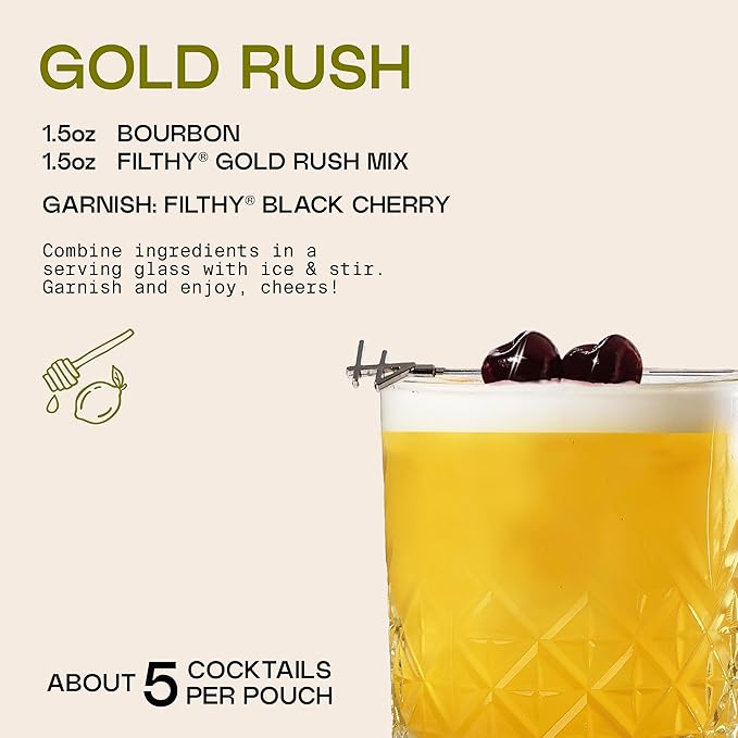 Filthy Gold Rush All Natural Cocktail Mixer - Made With Fresh Lemon Juice &amp American Honey - Balanced Sweet &amp Sour Cocktail Mix for Whiskey Gin and Non-Alcoholic Mocktails - 8 oz Pouch 6 Pac