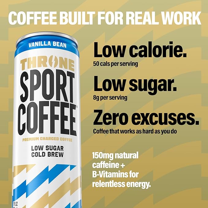 Throne Sport Coffee Cold Brew – Low Sugar. 150mg Natural Caffeine and B Vitamins – Dairy-Free Low Calorie –Premium Arabica NSF Certified Active Lifestyles – Vanilla Bean 12 Pack
