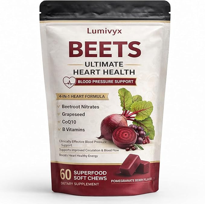 Beet Chews – Premium Beetroot Grape Seed &amp CoQ10 Functional Chews – Natural Pomegranate Berry Flavor Supports Healthy Circulation &amp Everyday Energy Non-GMO Gelatin-Free (60 Count)