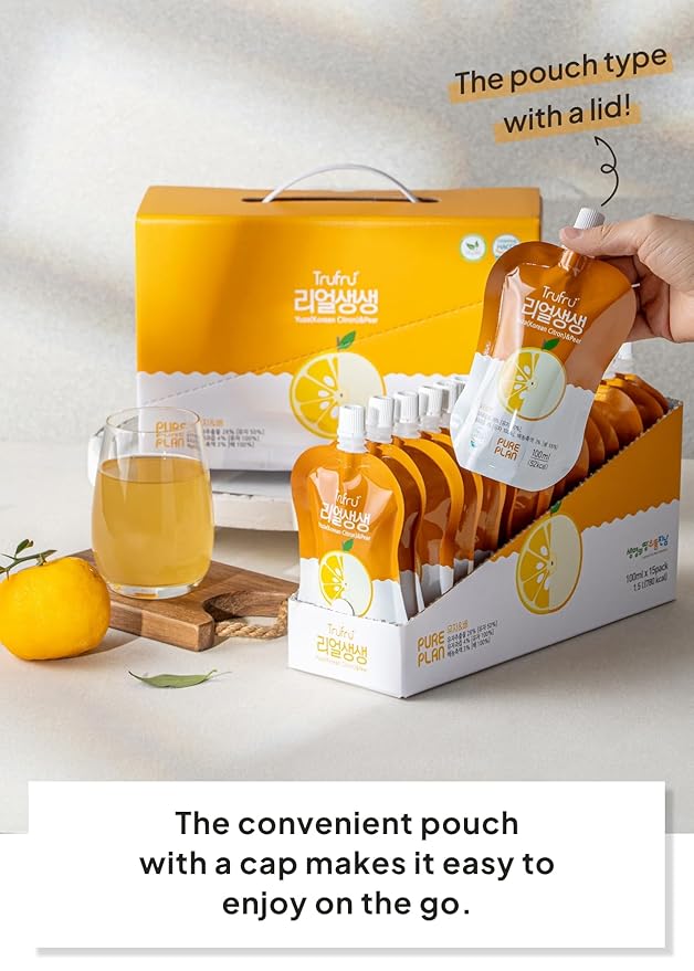 Korean Food Trufru Real Yuzu Pear Ginger Essence - All-Natural Cold Pressed Vitality Shot Morning Recovery 15 Individual Mini Packs (17.8 oz Total)