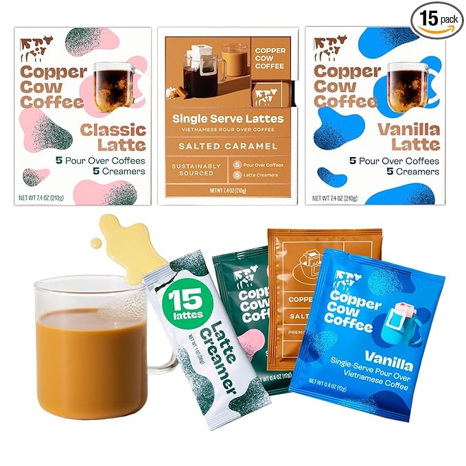 Copper Cow Vietnamese Coffee Variety Pack (15 Coffees &amp 15 Creamers)| Classic Vanilla &amp Salted Caramel Latte | Pour Over Single-Serve Lattes No Refrigeration Needed Travel Friendly Ground