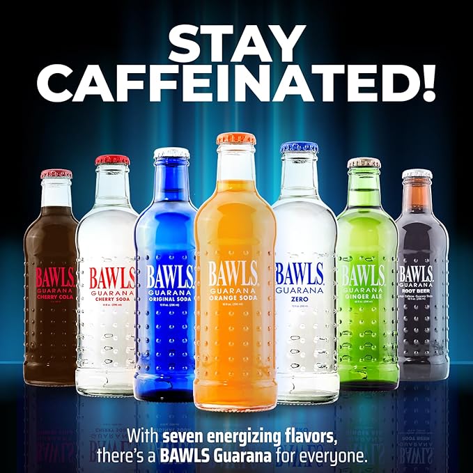 BAWLS Guarana Mandarin Orange BAWLS Guarana Drink Guarana Soda Guarana Fueled Soda for Energy High Energy Caffeinated Drink 10oz 12 Pack Glass Bottles