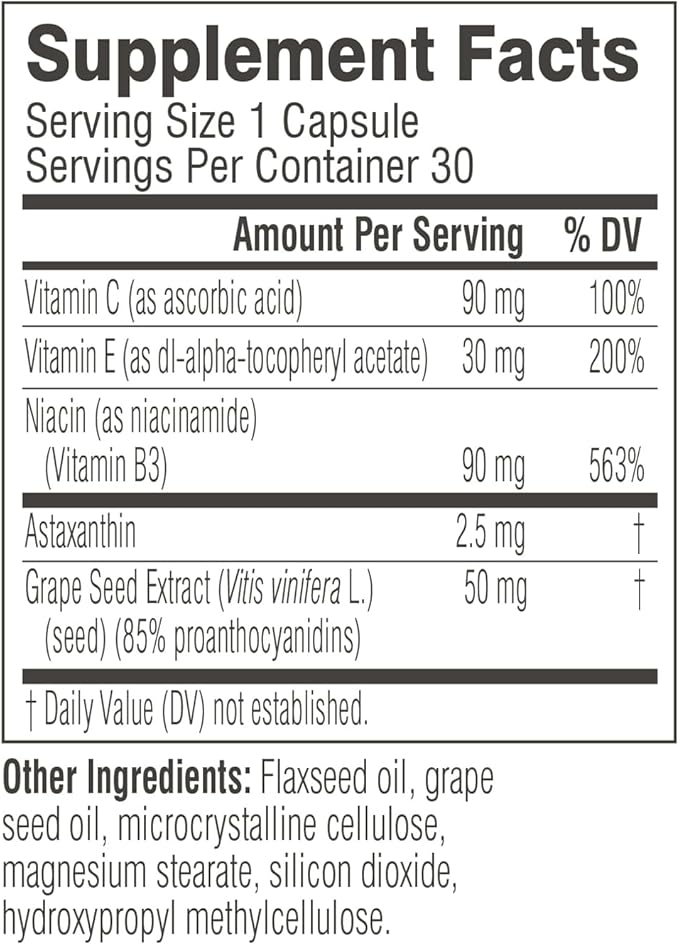 Swisse Beauty Dual Skin Defense Supplement | Astaxanthin Grape Seed Extract and Vitamin C | Supports Collagen Formation Skin Elasticity Antioxidant Protection &amp Regeneration | 30 Capsules