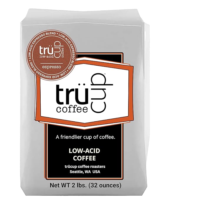 trücup Low Acid Coffee Espresso Blend Coffee Espresso (FINE) Grind - Espresso Blend 2 LB Natural Water&ampSteam Process 60% Less Acid Stomach-Friendly Rich in Antioxidants
