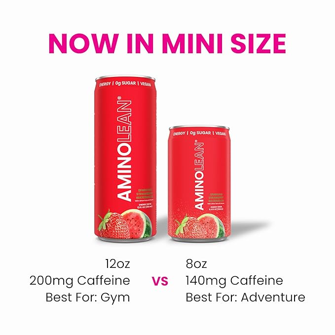AminoLean Energy Drink MINIS – Sugar Free Anytime Energy with Natural Caffeine &amp Vegan Amino Acids for No Jitters Tingles or Crash Strawberry Watermelon 8 oz 12 Pack