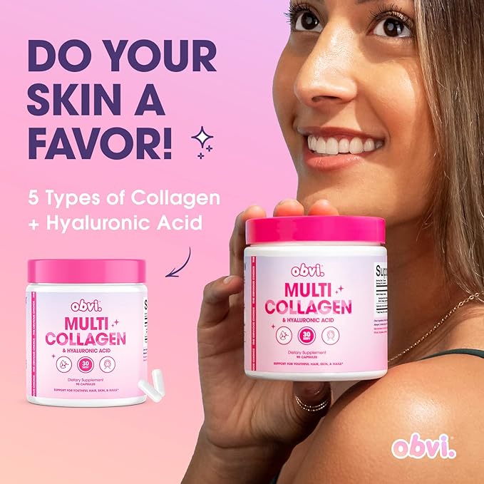 Obvi Multi Collagen Supplement with Hyaluronic Acid | Skin Care Hair Nail Joint Support for Women Gut Health | Hydrolyzed Protein Type I II III V X | 30 Capsules 30 Servings