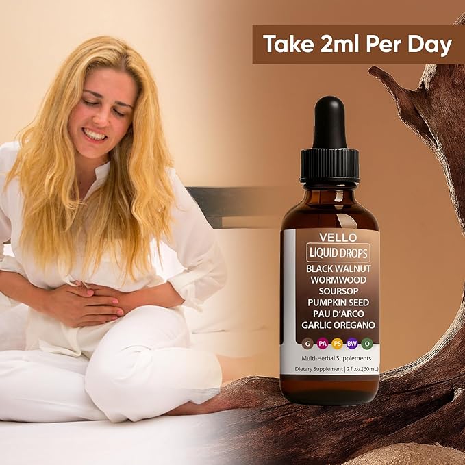 Vello Black Walnut Wormwood Gut Cleanse Wormwood Black Walnut Clove Drops with Garlic Oregano Soursop Pau D'arco Pumpkin Seed Extracts Support Gut &amp Digestion Balance Improve Energy (2)