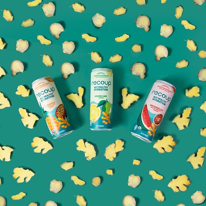 Recoup Organic Sparkling Prebiotic Drink - Ginger with Electrolytes for Gut Health Support &amp Hydration No Added Sugar ((Pack of 12) Watermelon Blood Orange + Ginger)