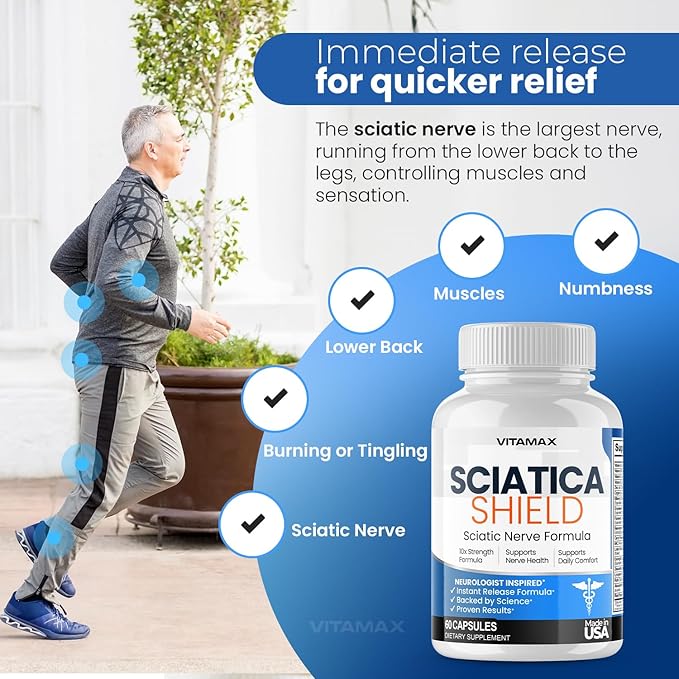 Sciatic Nerve Health Support Supplement – 10x Formula Alpha Lipoic Acid Folic Acid Turmeric Glucosamine MSM Vitamin B Complex - Made in USA – 60ct