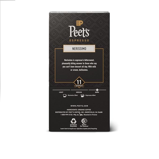 Peet's Coffee Dark Roast Espresso Capsules Compatible with Nespresso Original Machine 100% Arabica Coffee - Nerissimo Intensity 11 100 Count (10 Boxes of 10 Espresso Capsules)