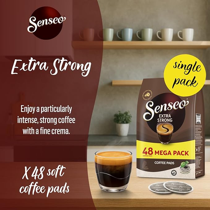 Senseo Extra Strong Coffee Pods – 48 Count (1 Pack) – Dark Roast with Intense &amp Bold Flavor and Rich Crema – Single-Serve Coffee Pads Compatible with Senseo &amp PeleCom Machines